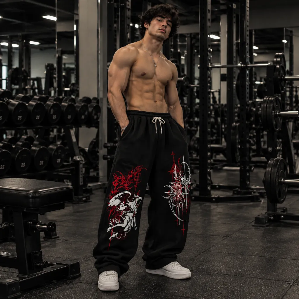 Modelo musculado en gimnasio con estilo gótico.webp
