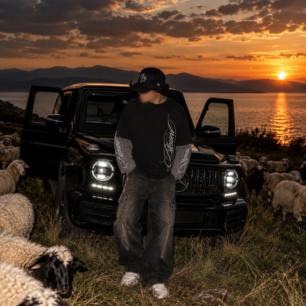 Atardecer dorado con G-Wagon y ovejas.webp