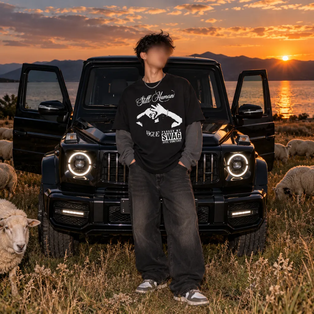 Streetwear al atardecer junto al lago.webp